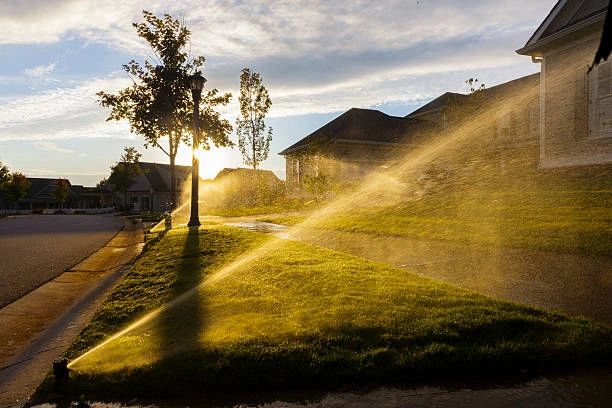 Sprinkler system watering the lawn
