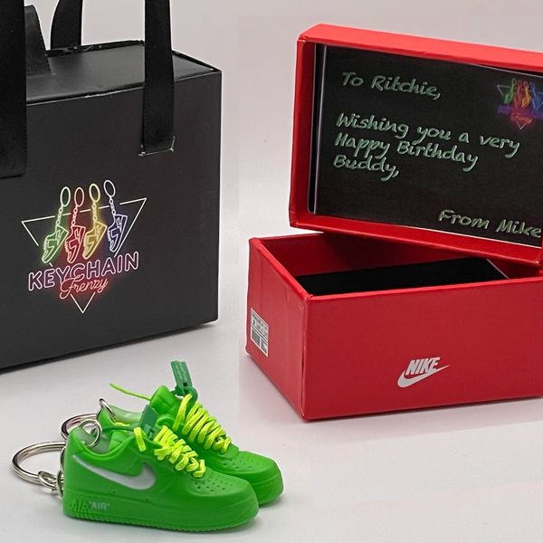 Sneaker keychain gift pack with personalised message tag.