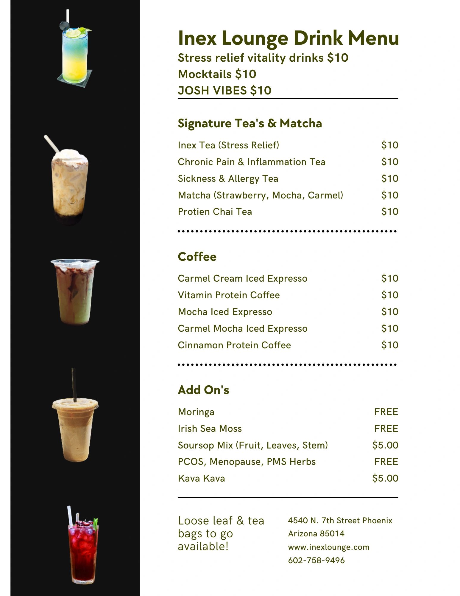 Inex Lounge drink menu with teas, coffees, mocktails, and add-ons.