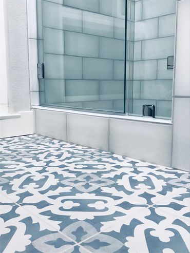 A picture of a blue pattern tile work in a washroom