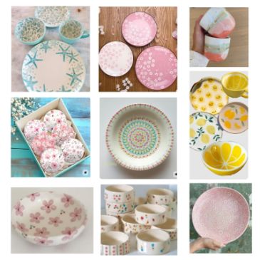 A collage of colorful ceramic plates and bowls with floral and geometric designs.