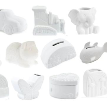 White ceramic piggy banks shaped like animals and objects.