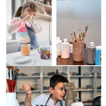 Children enjoying creative pottery and painting activities in an art studio.