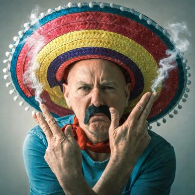 Man wearing a colorful sombrero and fake mustache, smoking.
