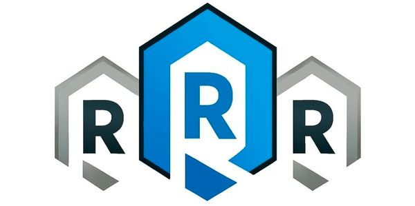 Three hexagonal icons with the letter R, the center one in blue.