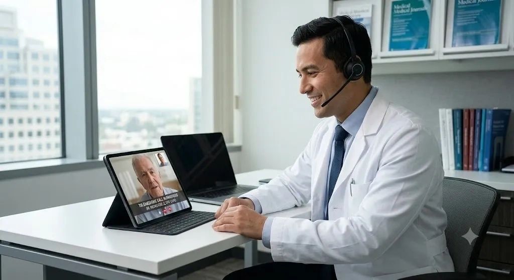 Doctor conducting a telemedicine consultation over video call.