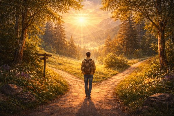 A man stands at a forest fork, bathed in golden sunset light.