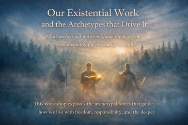 Mystical workshop on archetypes and existential meaning with figures in misty forest.