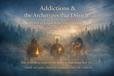 Three mystical figures symbolize addiction archetypes amid a foggy forest at dusk.