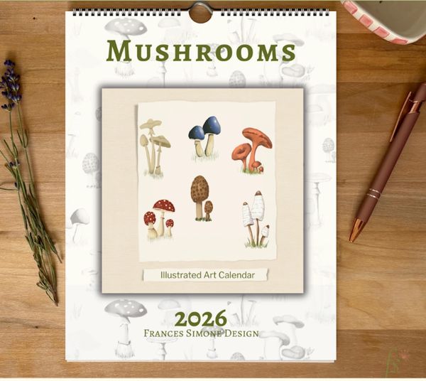 Botanical wall calendar featuring hand-drawn mushrooms and vintage-style layout