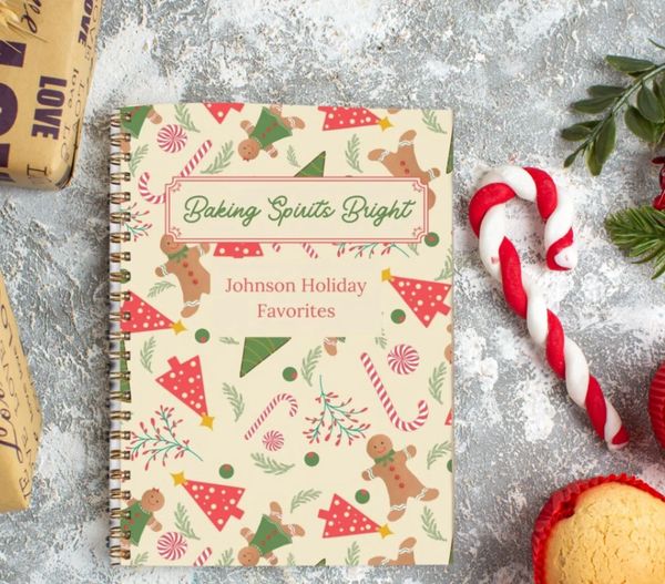 Personalized spiral recipe book with holiday-themed cover and candy canes