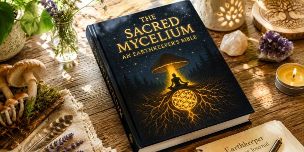 A book titled The Sacred Mycelium on a rustic wooden table.
