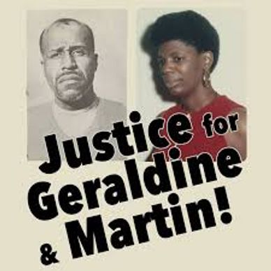 Poster demanding justice for Geraldine and Martin with their photos.