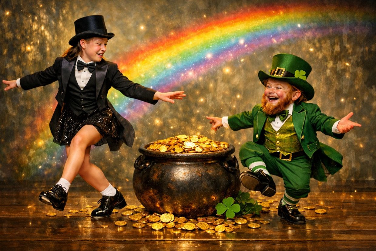 Dancer dancing with pot of gold taping with a leprechaun.
