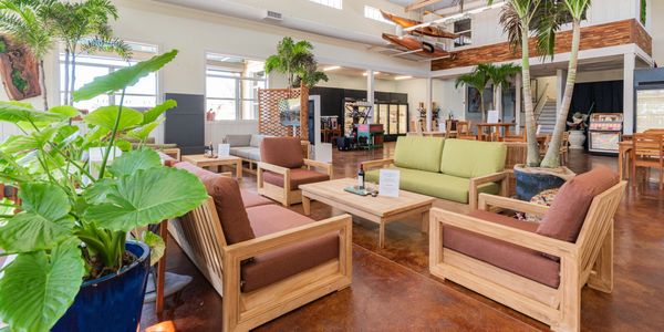 Spacious lounge with wooden furniture and lush indoor plants.