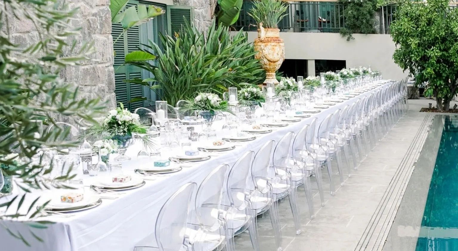long table wedding dinner, white and green concept, ghost chair