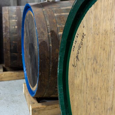 Barrels of spirit. One ex-bourbon cask and one new Staffordshire oak cask