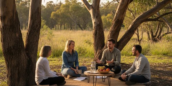 Four people having an outdoor meeting on a mat under trees.