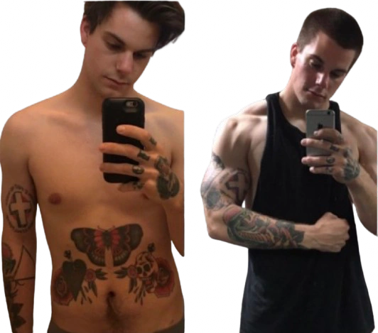 Two men taking mirror selfies showing tattoos and muscular build.