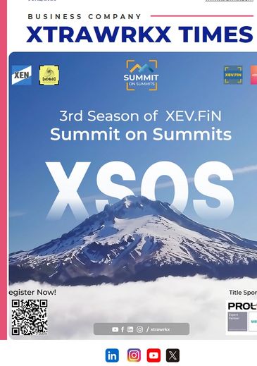 Cover of XTRAWRKX TIMES featuring the 3rd Season of XEV.FiN Summit on Summits with a snow-capped mountain.