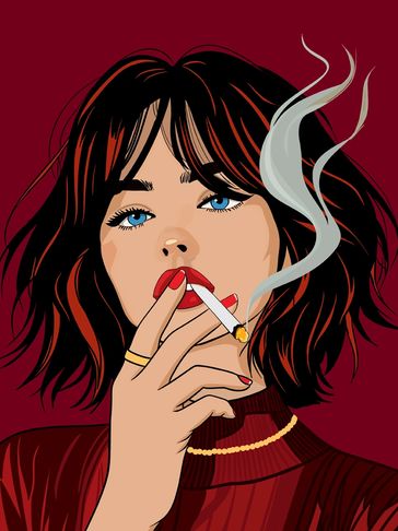 Stylized portrait of a woman smoking with striking blue eyes and red lips.