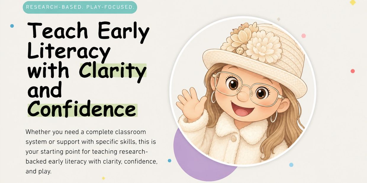 Cute cartoon girl with glasses promoting early literacy teaching with clarity and confidence.