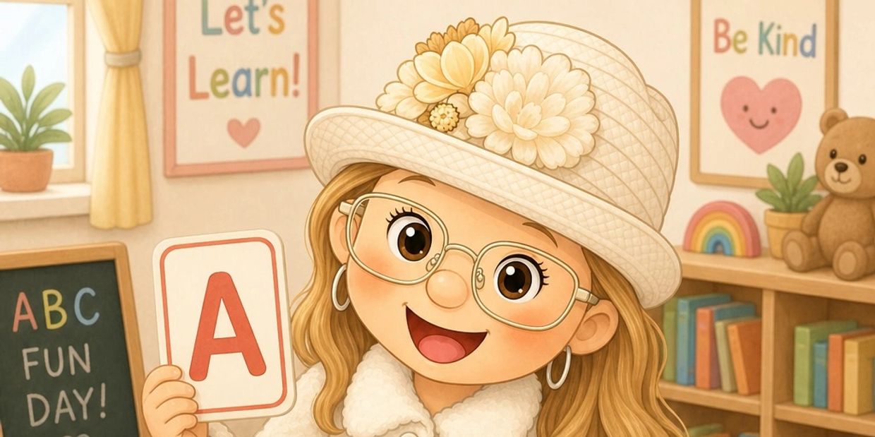A cheerful girl with glasses holding an 'A' card in a colorful classroom.