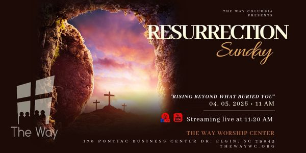 Easter Resurrection Sunday worship service announcement with sunrise and crosses.