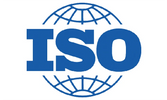 ISO certified badge with blue globe logo and blue ISO written on top in the center.