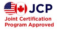 JCP- Joint Certification Program Approved Badge with round American and Canada Flags.