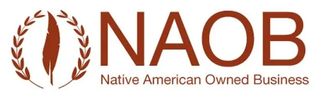 Native American Owned Business (NAOB) badge. Feather badge with round leaf border, brown text.