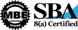 SBA 8(a) Certified, Minority Business Enterprise (MBE) Certified badge, black text, white and blue.