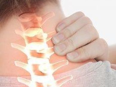 Person holding neck with highlighted spine indicating pain or discomfort.