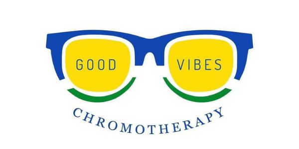 Blue sunglasses with text 'Good Vibes' and 'Chromotherapy'.