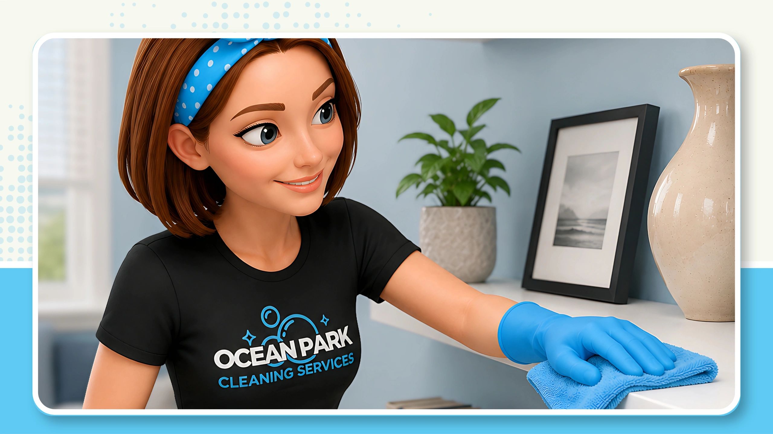 Woman cleaning with gloves and blue headband.