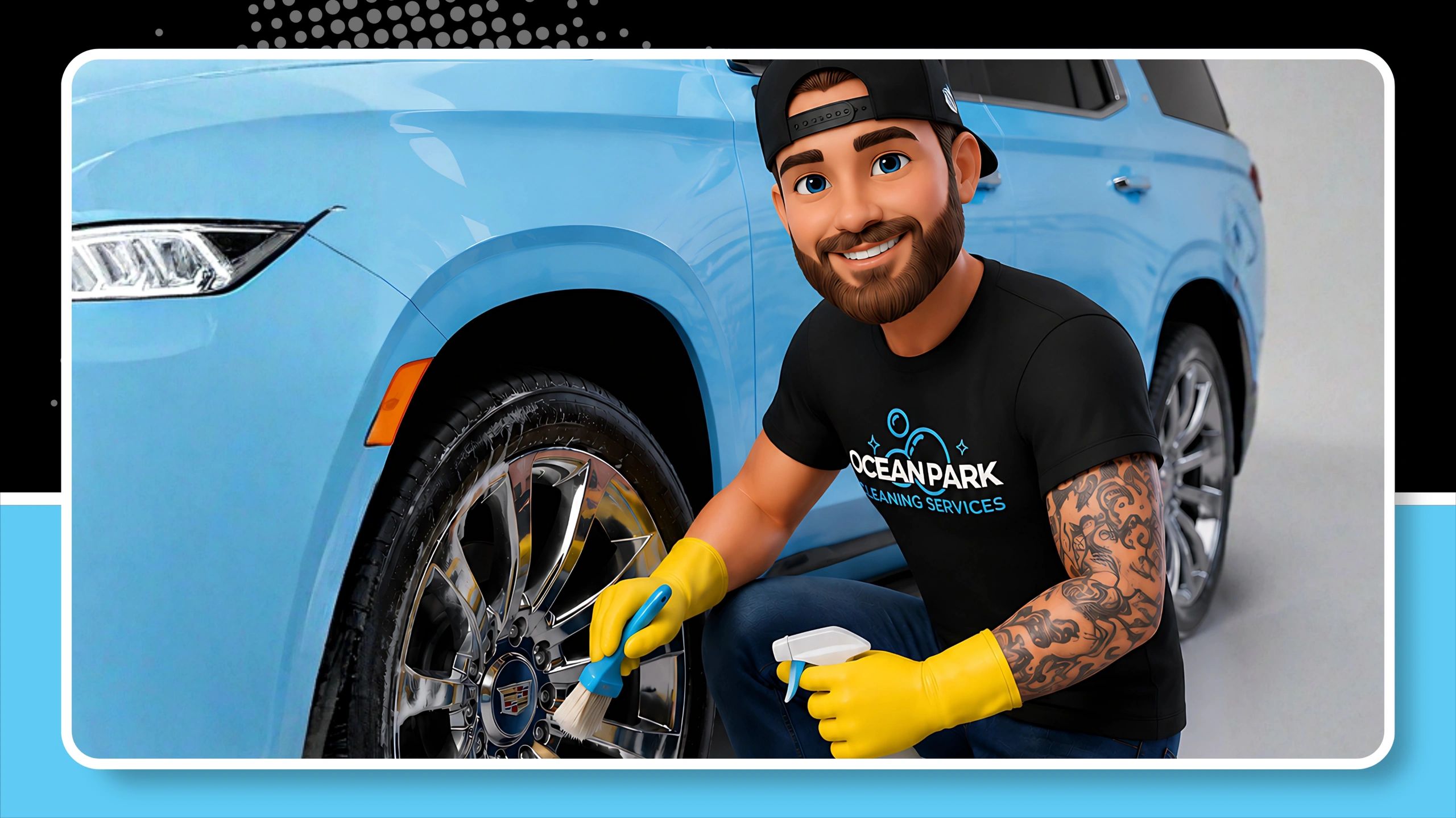 Man cleaning car wheel with brush and spray bottle.