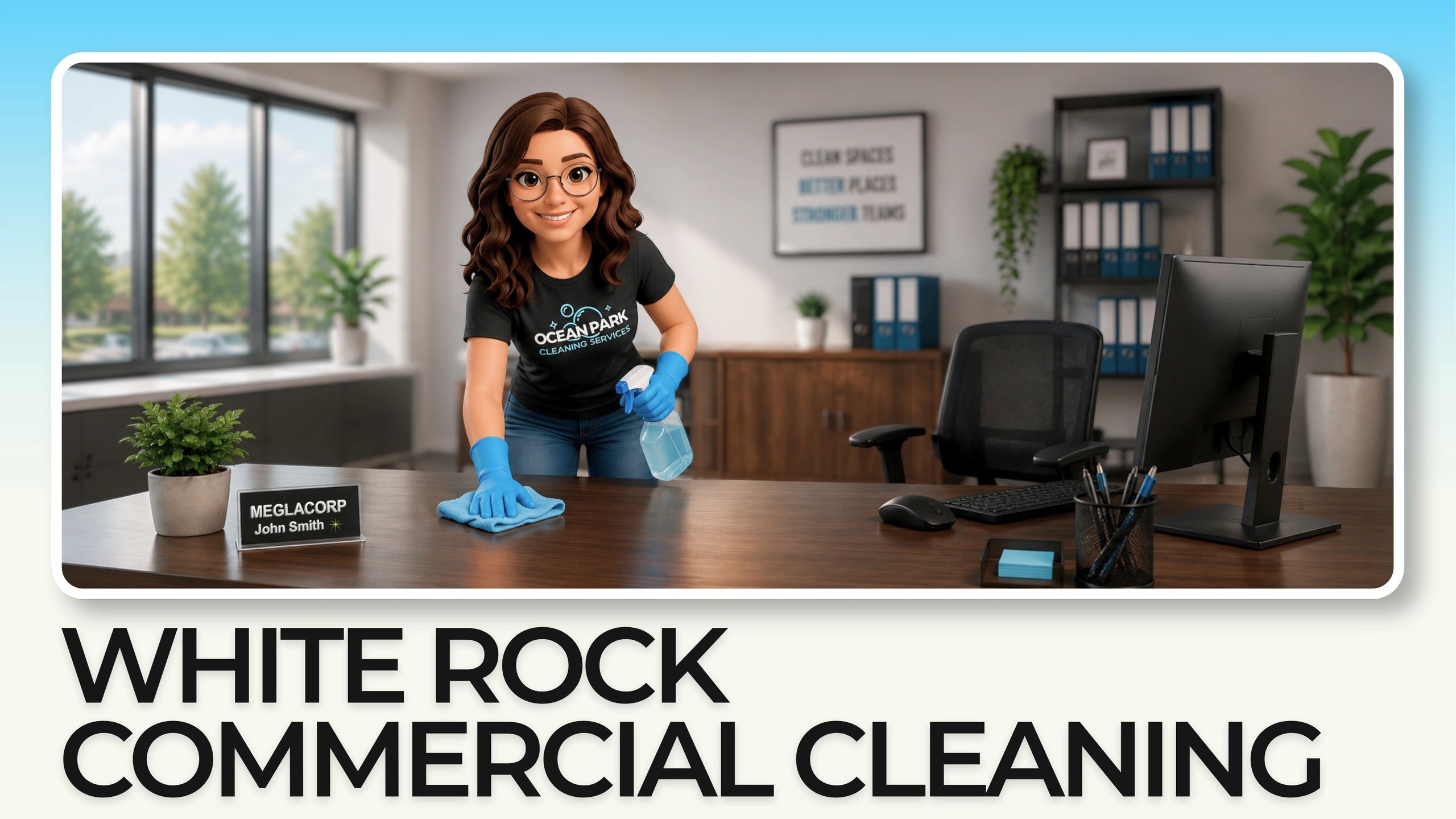 Smiling woman cleaning office desk with spray and cloth.