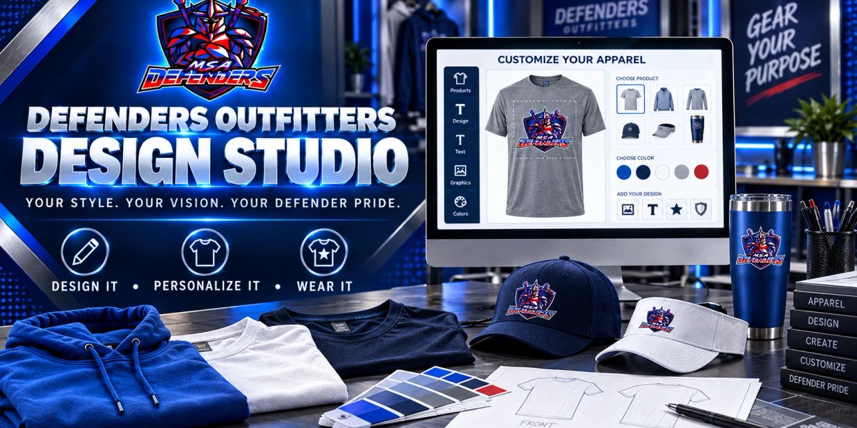 Defenders Outfitters design studio with apparel and customization tools.