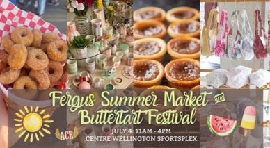 Summer market featuring donuts, crafts, and baked goods at Fergus festival.