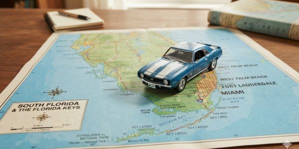 Toy car on a South Florida map with notebook and pen on a desk.