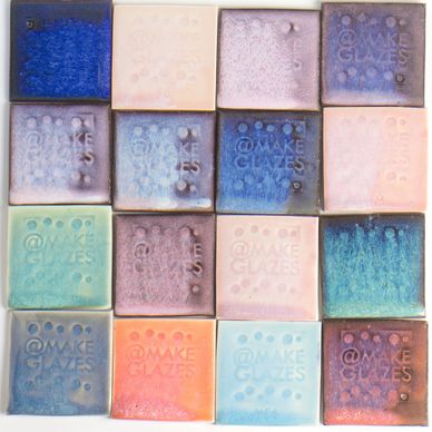 Colorful ceramic tiles with varied glaze textures and inscriptions.