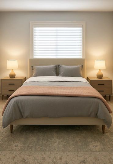 Minimalist bedroom with beige and gray tones, featuring matching bedside lamps and nightstands.