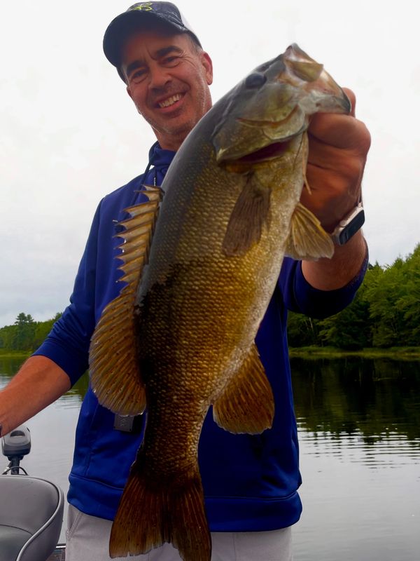 Man proudly holding a large fish on a boat in a serene lake.