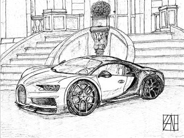 Pen drawing of a Bugatti Chiron 14" x 11"
