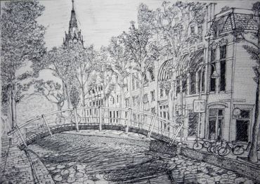 Pen drawing of the New Church - Delft, Netherlands - 17 x 12" Pen on Paper