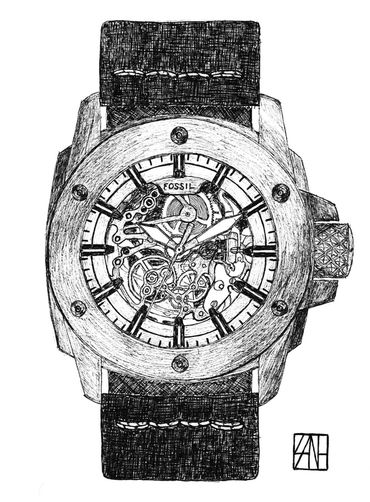 Pen drawing Fossil Watch - 11" x 14"
