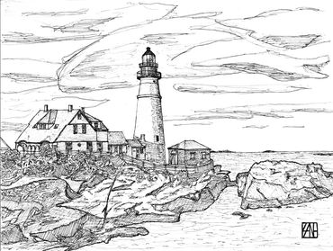 Pen drawing of the Portland Light House - 14" x 11"