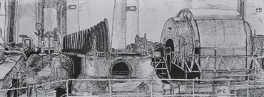Pen drawing of a Steam Turbine - Louisiana - 17 x 6.3" Pen on Paper
