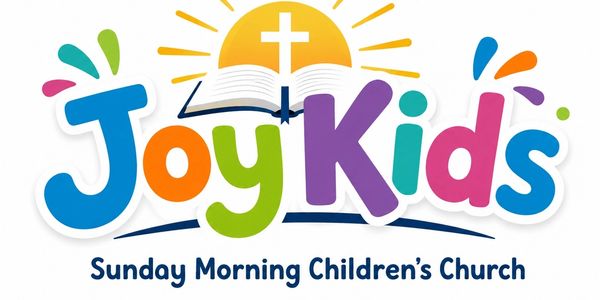 Colorful Joy Kids logo with a cross and church theme.