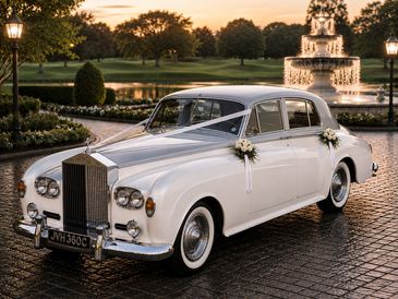 Classic white Rolls-Royce decorated for a wedding at sunset.